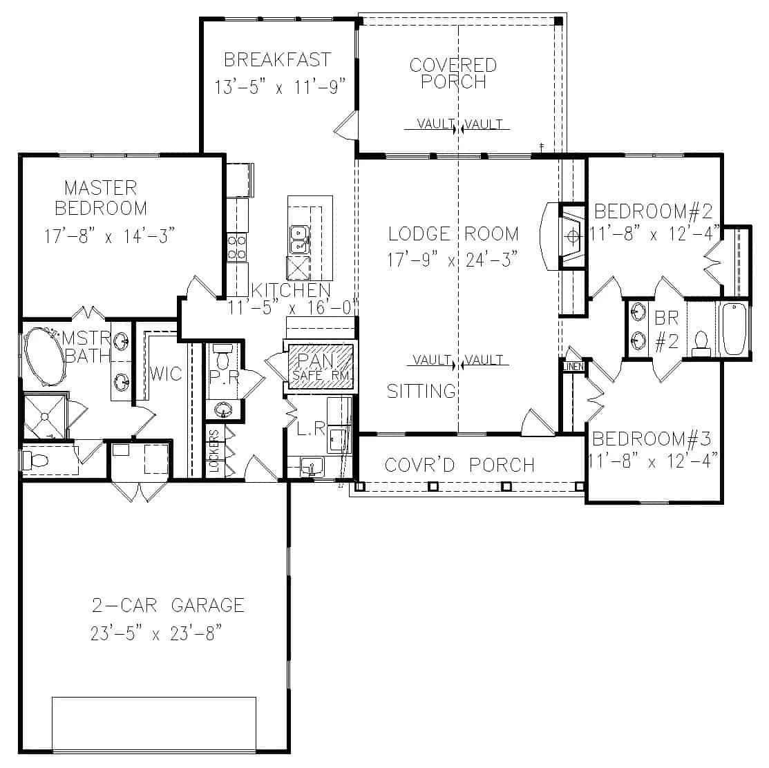 Main level floor plan of a 3-bedroom single-story Silverton modern farmhouse with lodge room, kitchen, breakfast room, laundry, and mudroom leading to the garage.