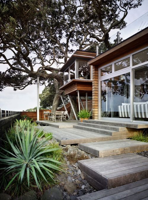 A low angle photograph of the outdoor landscape in front of Thorne Bay House.