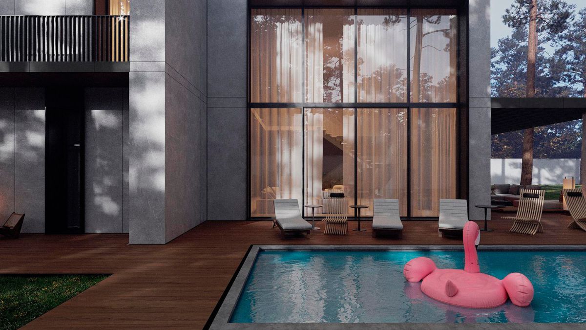 Take a peek of the pool that is in front of the big glass window.