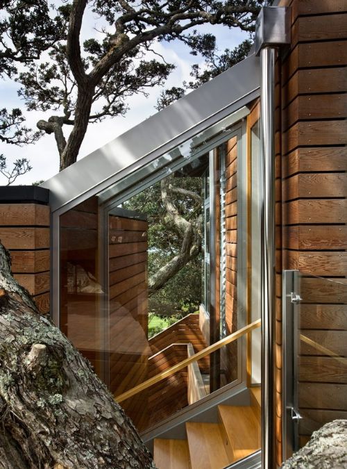 An exterior shot of the glass-enclosed stairway connecting the tree house to the main residence.