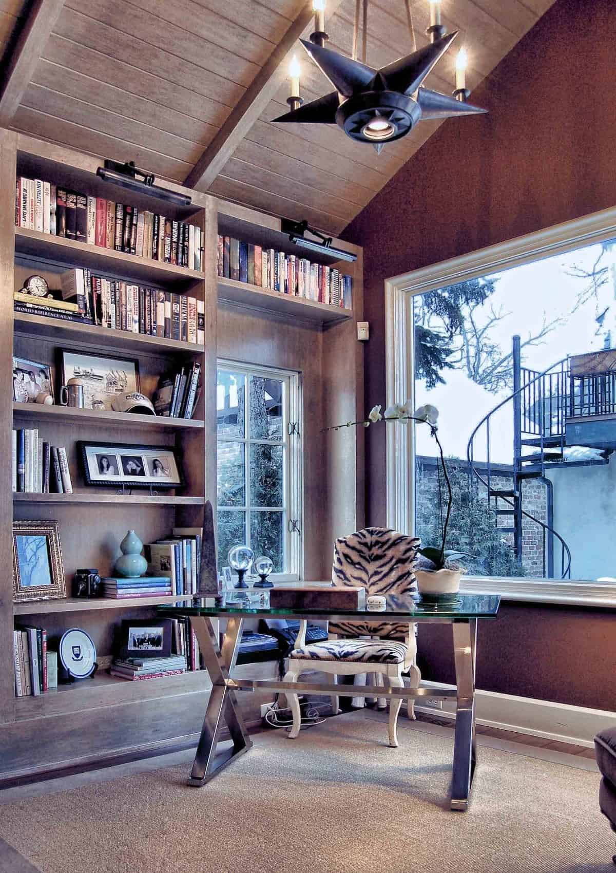 The home office has carpeted floor, a vaulted ceiling, and a window seat nook perfect for reading books.The home office has carpeted floor, a vaulted ceiling, and a window seat nook perfect for reading books.