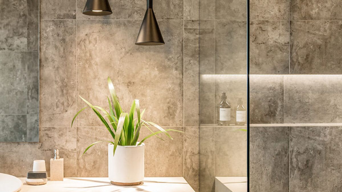 A close-up shot of the bathroom showcasing the sink area, with an indoor plant, and optimal lighting. 