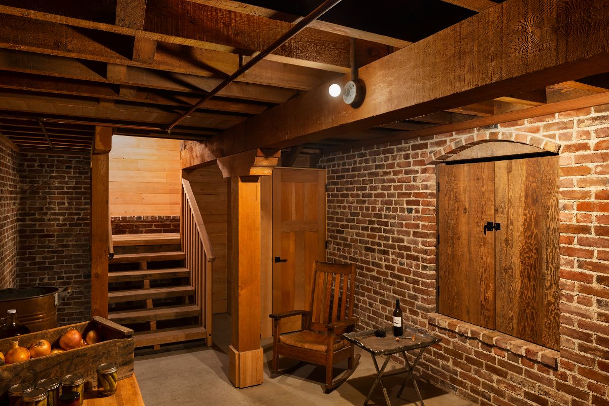 The cellar’s ceiling joists are Red Fir from a railroad depot in central Oregon; the cellar walls are lined with thousands of bricks salvaged from a crumbling barn some 40 miles south of the home.