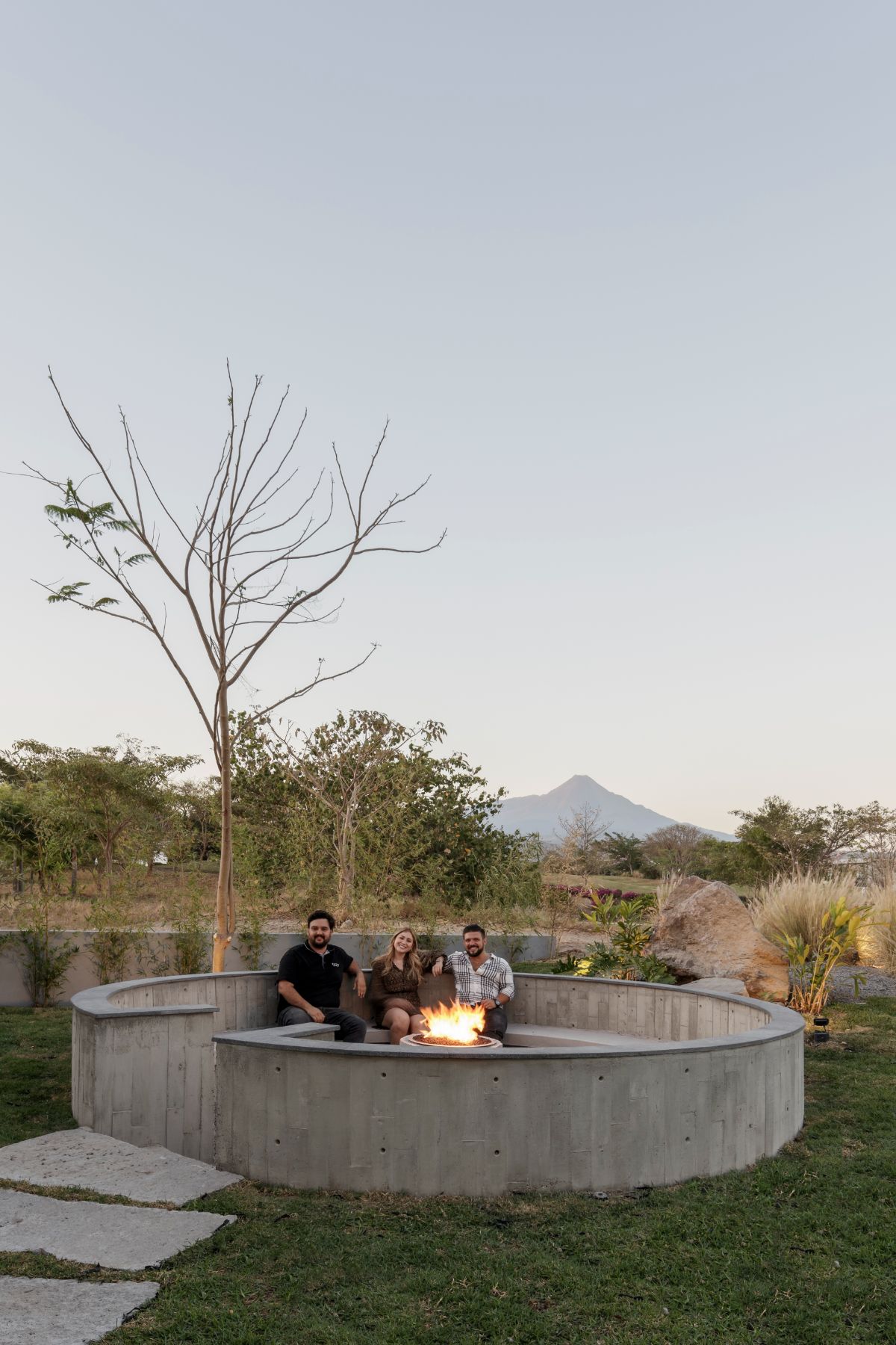 The circular patio overlooks the beautiful view of the mountain, perfect for relaxation.