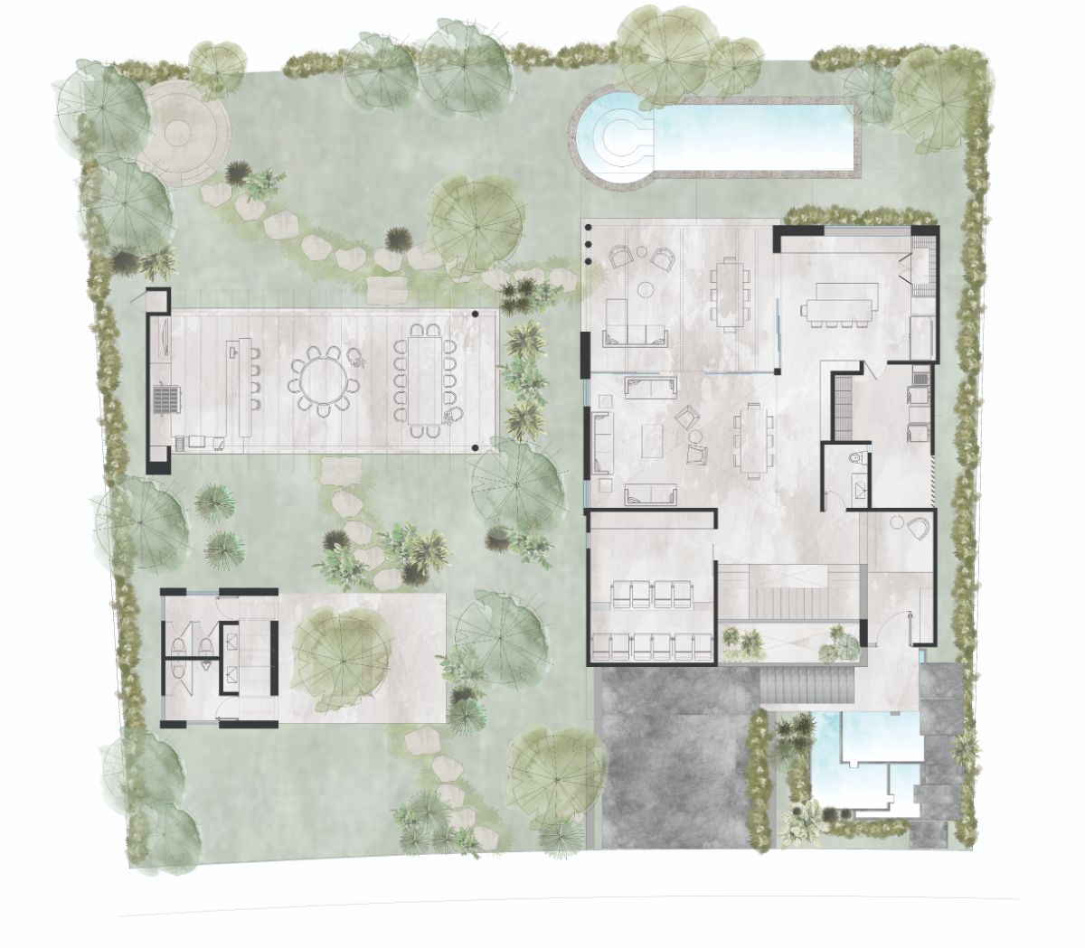 Water color floor plan of the ground floor.