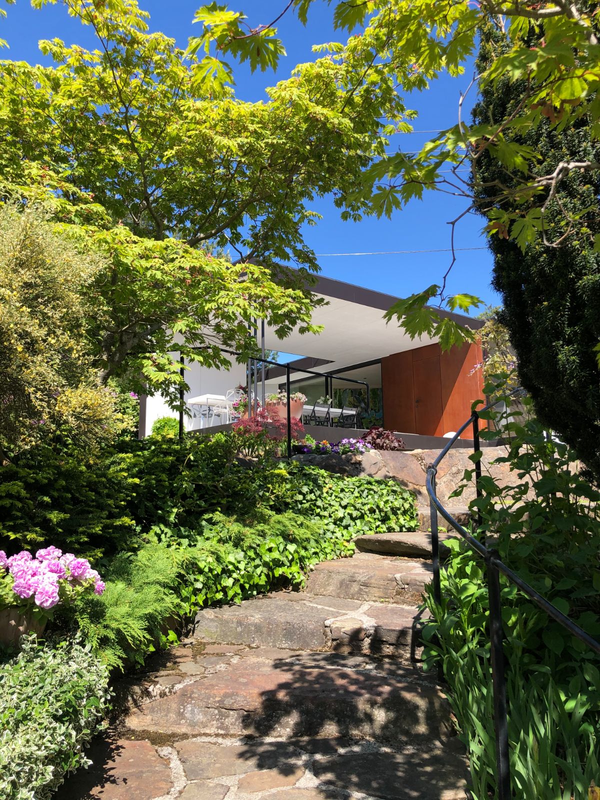 The surrounding is landscaped with plants and stone steps.