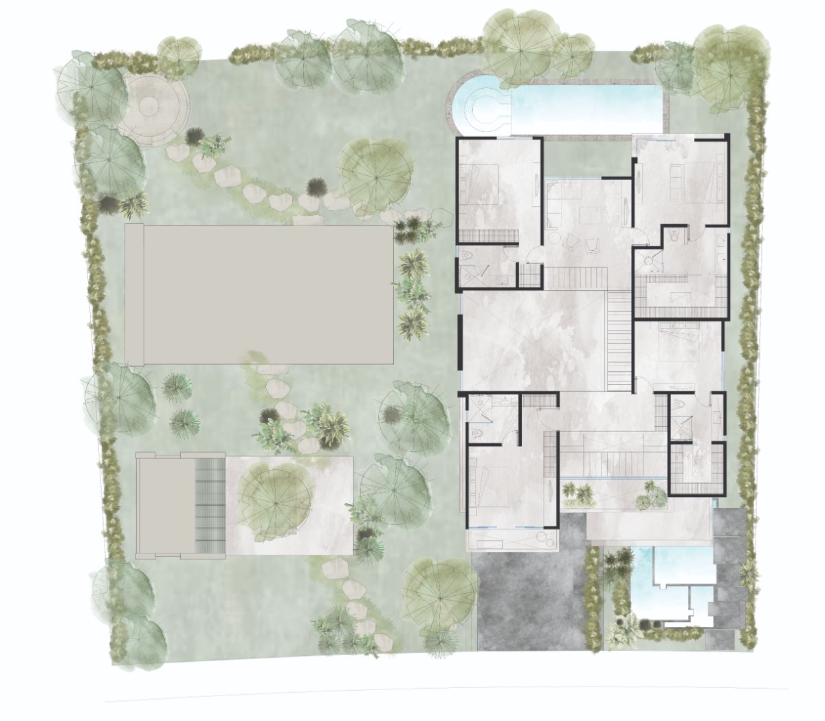 Water color floor plan of the second floor.