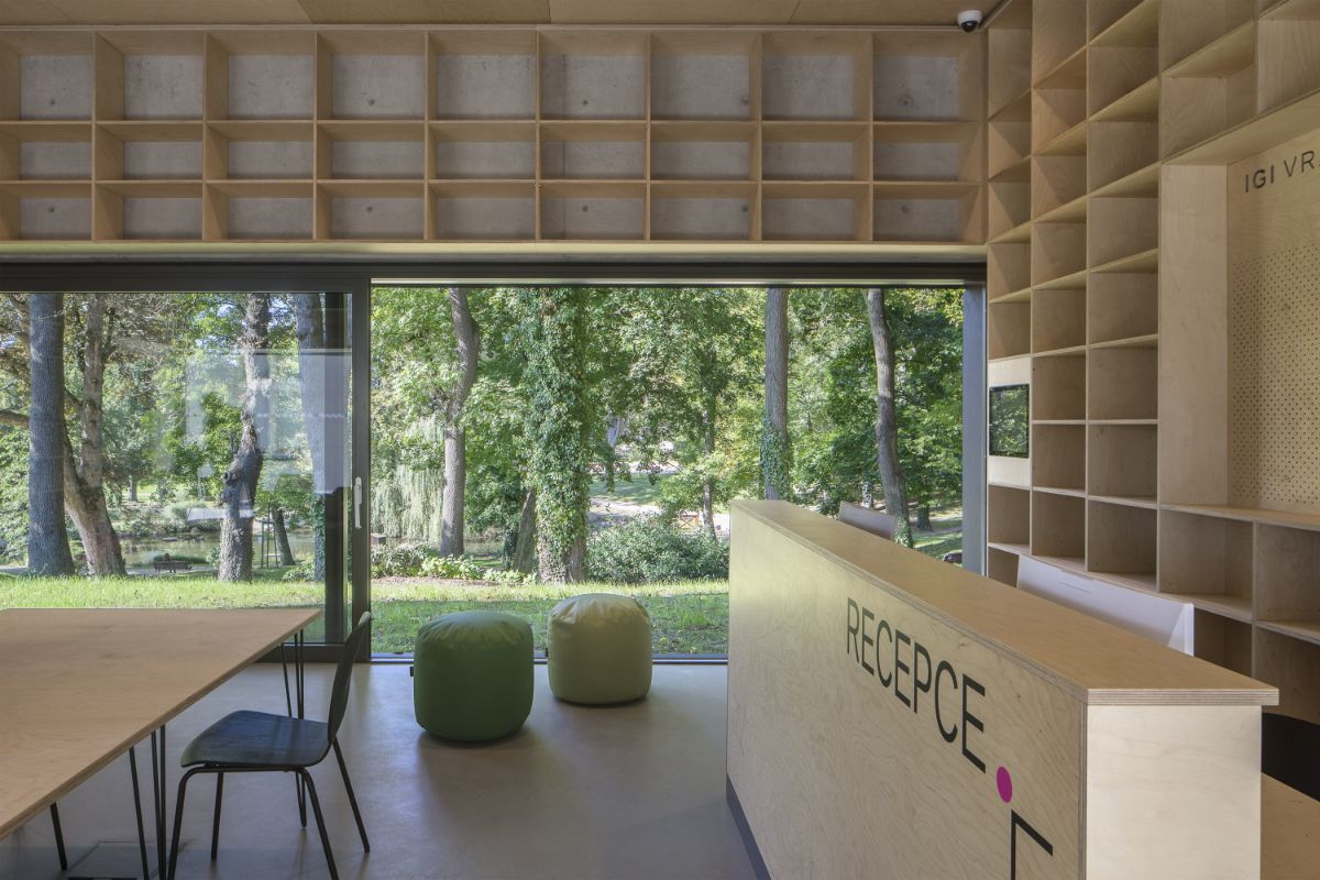 A reception area with a terrace on the ground floor.