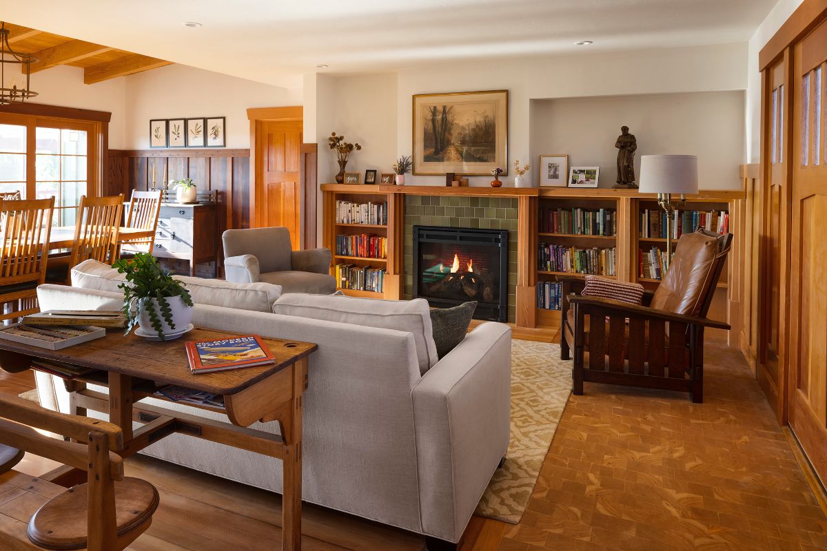 The flooring is aged Douglas fir and blends well with the fireplace giving the living room a rustic look.