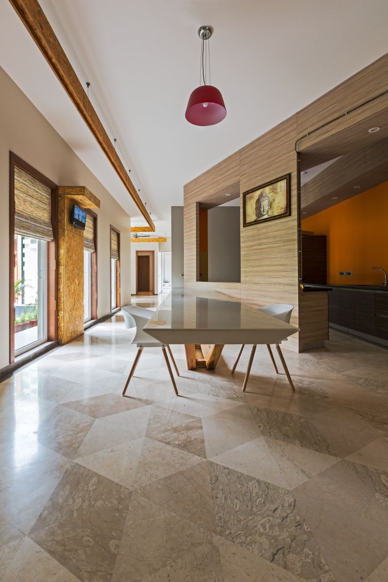 A bright and airy dining area that connects to the kitchen.