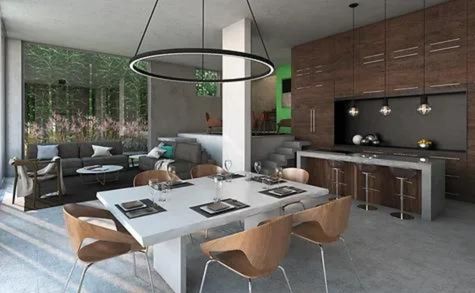 This photograph captures an interior view of the dining area which has been seamlessly incorporated into the adjoining living and kitchen spaces.