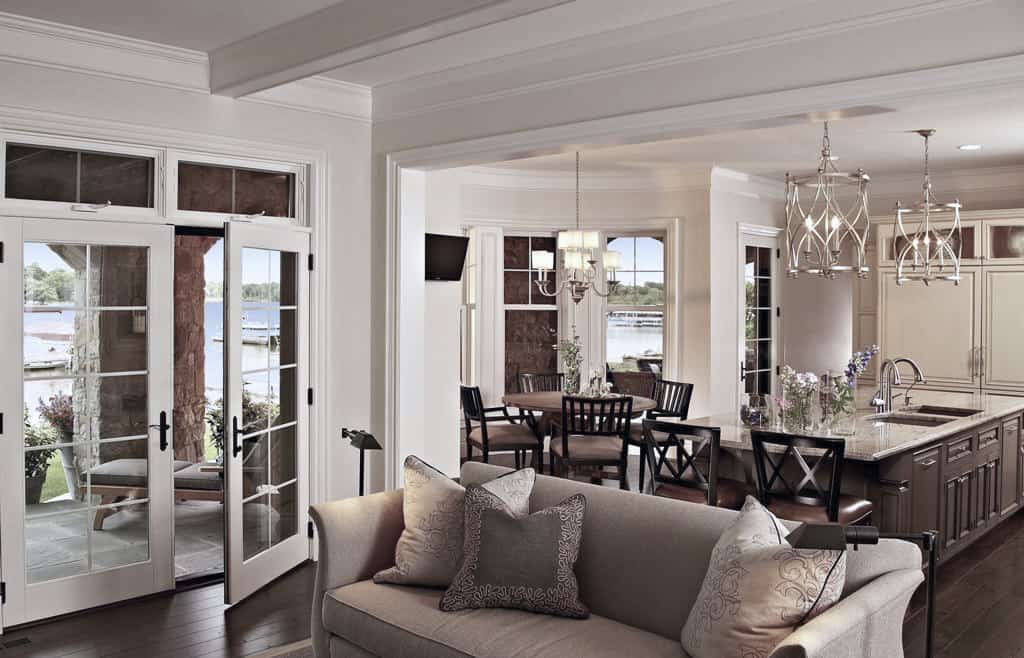 The living room opens completely to the dining area and kitchen.