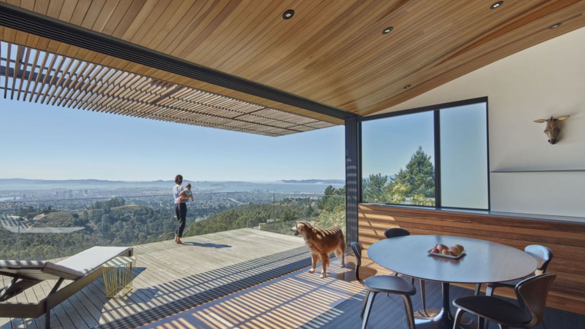 Displayed in the picture is a detailed and panoramic view from the extensive outdoor deck, which faces towards the southwest bay and the Golden Gate.