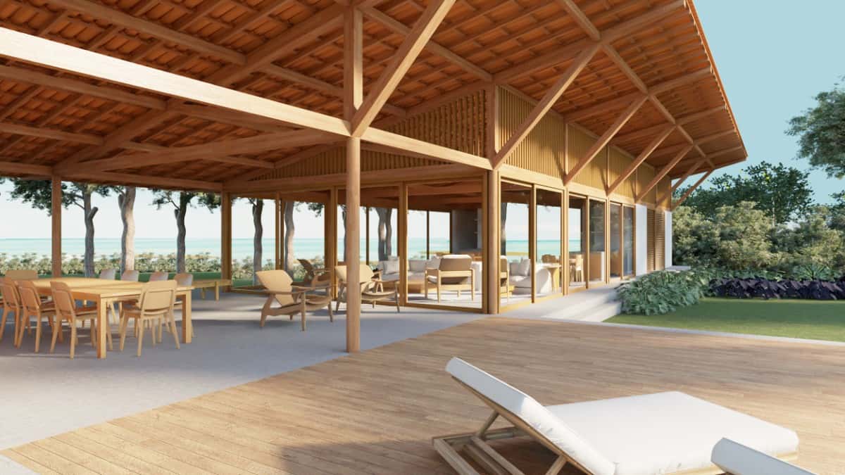 The south pavilion's outdoor living seamlessly transitions to the pool deck.