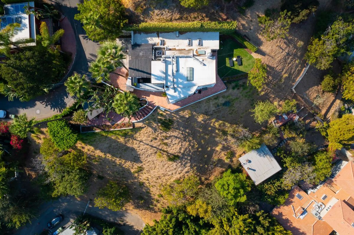 Aerial view of the house and the neighboring houses.