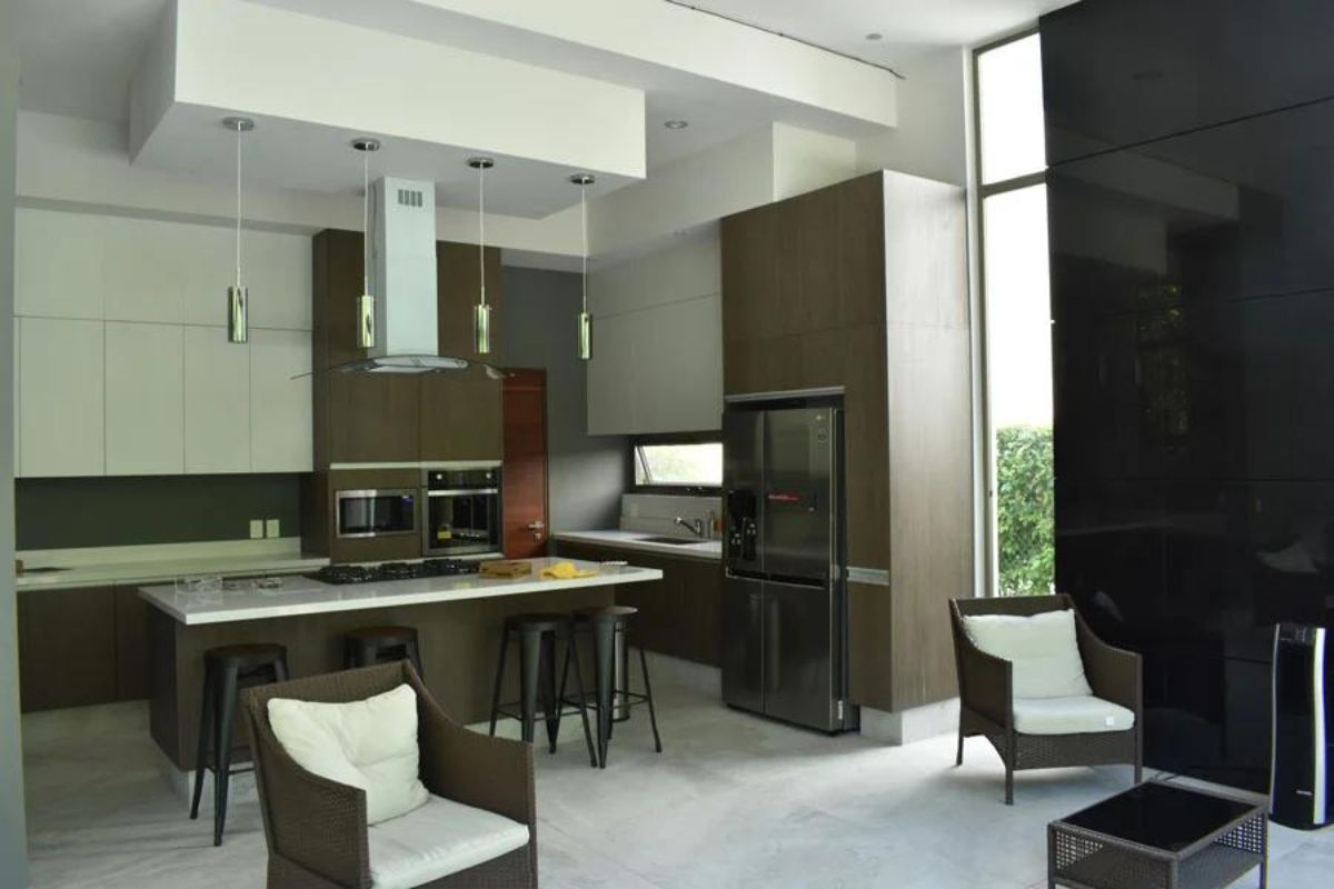 This photograph captures an interior view of the kitchen area, showcasing its design and captured from a specific perspective viewpoint.