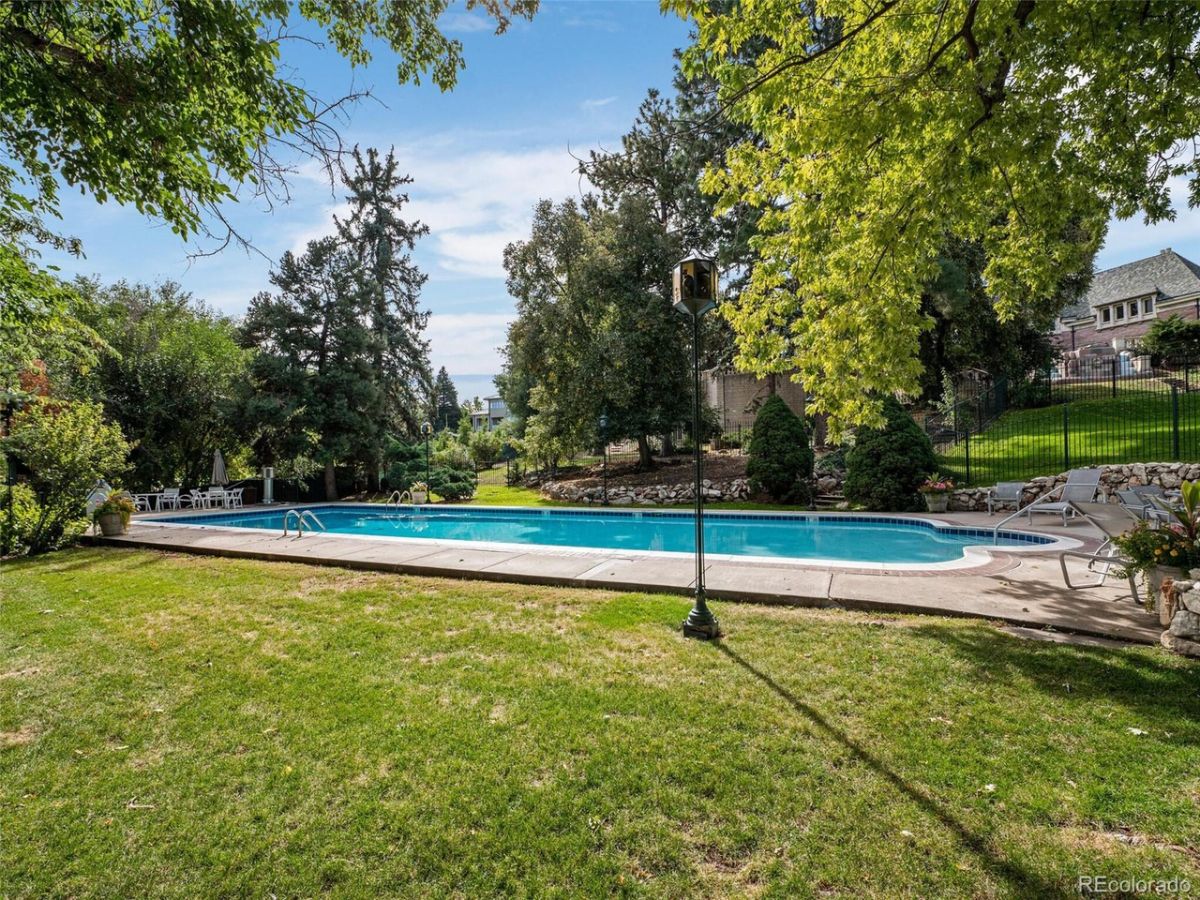 The swimming pool has a concrete deck and sunloungers placed in the shaded area for relaxation.