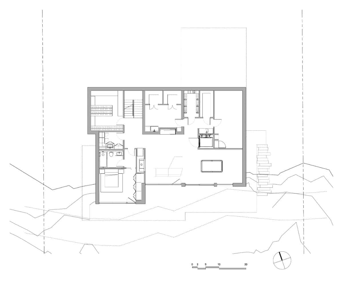 Lower level floor plan of The Break Residence.