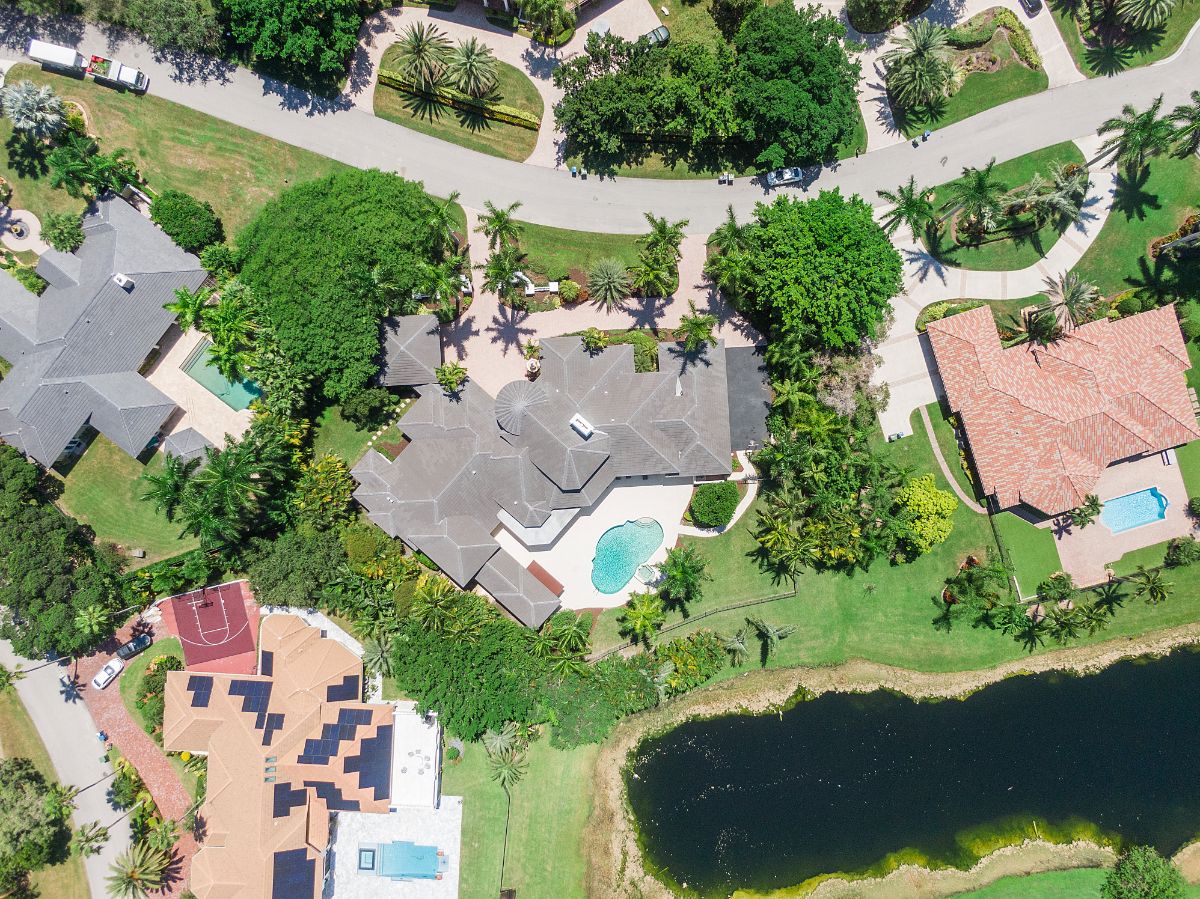 Aerial view of the house and the neighboring houses.