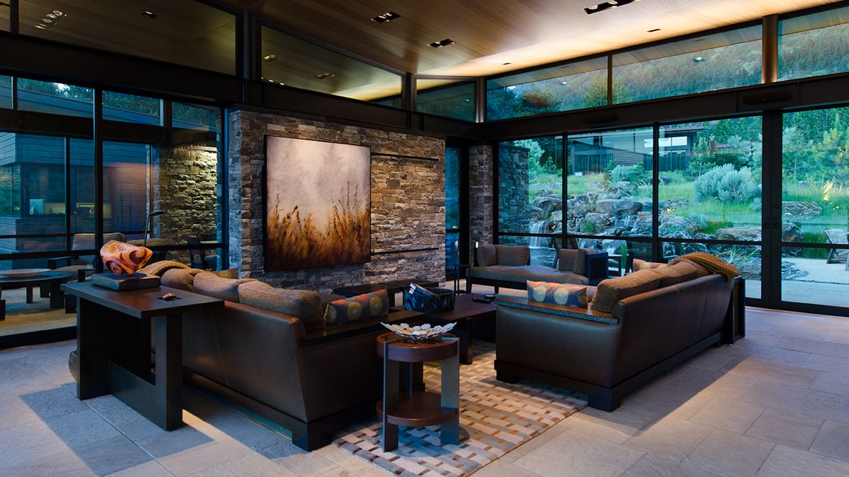 An excellent representation of a living area, with a dark color scheme that mimics the organic appearance of wood.