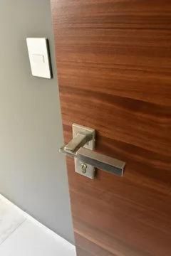 This is an image that showcases the bathroom door with a lever handle.