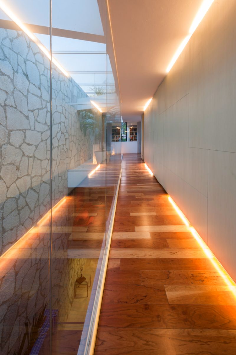 A long corridor in the common areas with a glass partition from the outside.