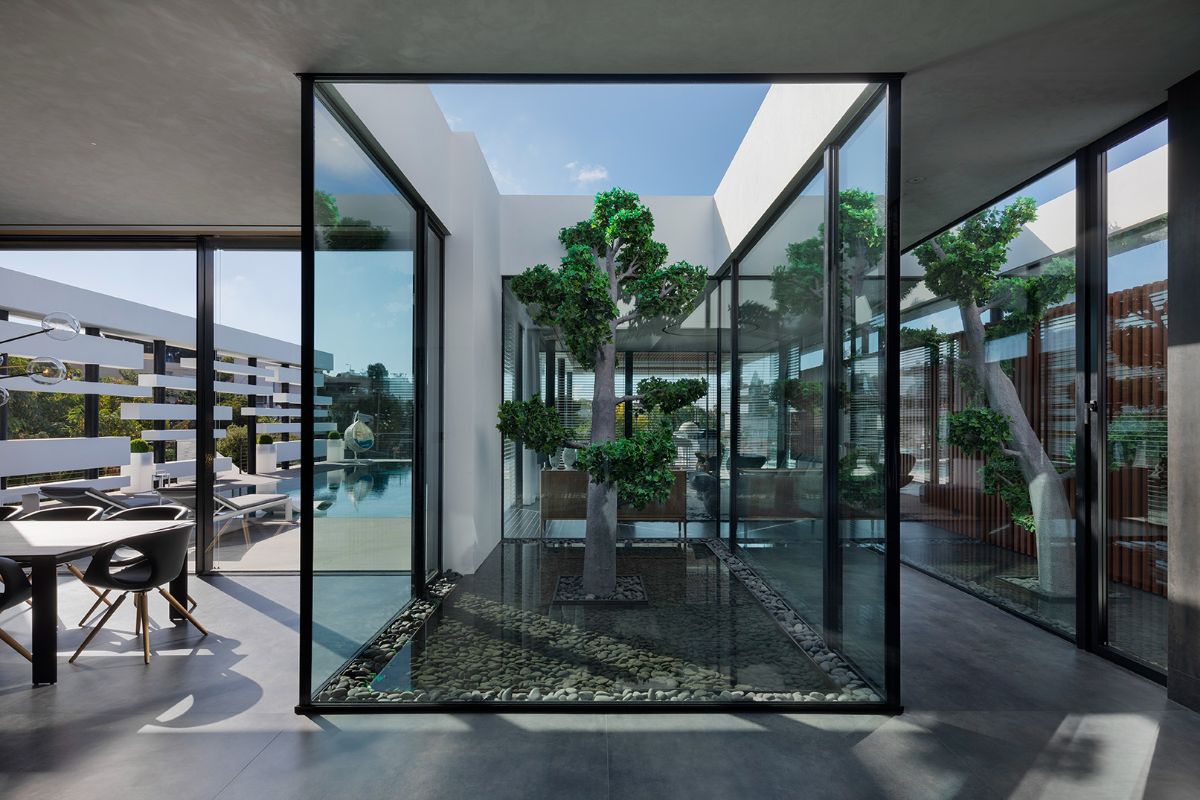 The inner yards framed with glass cubes in the center of the foyer, dining, and living area.