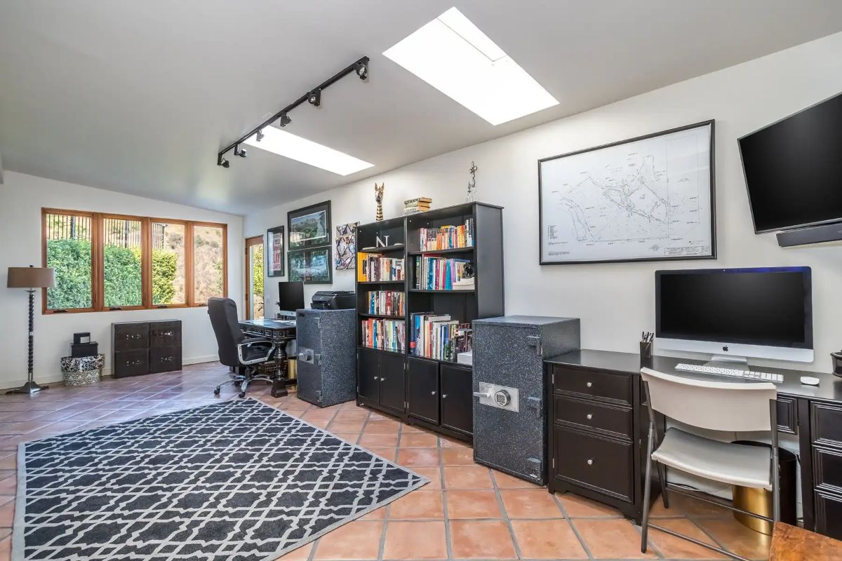 The study features an area rug and the room is lit by a skylight during the day.