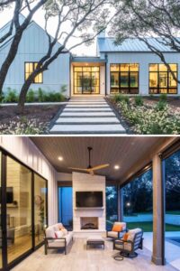 Exterior white modern farmhouse with covered patio Geschke Group Architecture