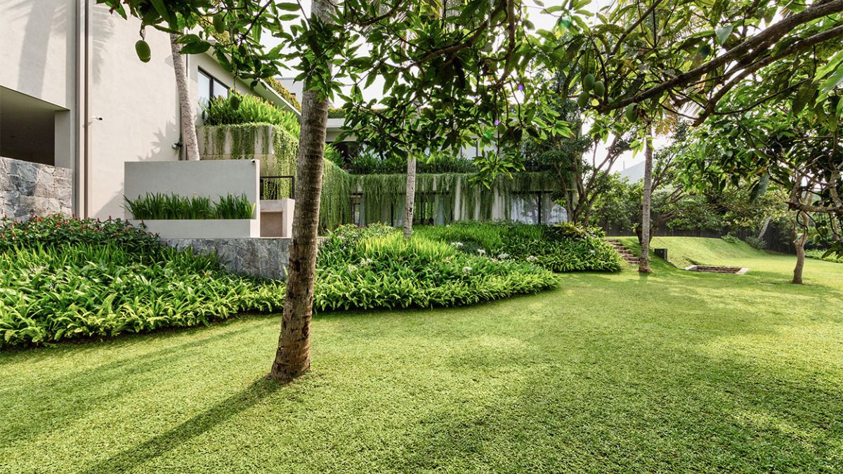 The photograph captures the captivating beauty of the surrounding landscape, showcasing a luxuriant tropical garden and verdant paddy fields that stretch beyond the residence, providing a sense of expansiveness and tranquility to the viewer.