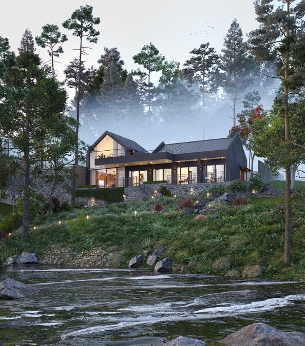 This is a distant shot of a luxury villa that showcases the beautiful forest and streams outside.