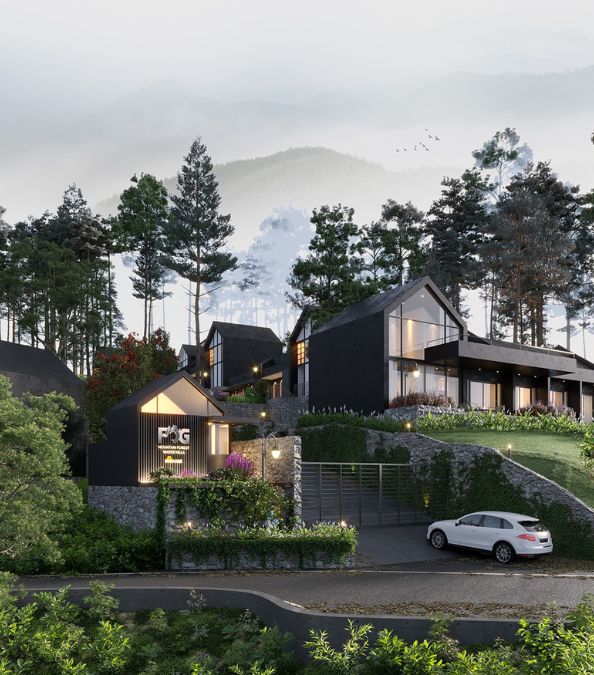 This is a distant view of a villa that boasts an impressive architectural layout, seamlessly blending with the surrounding forest.