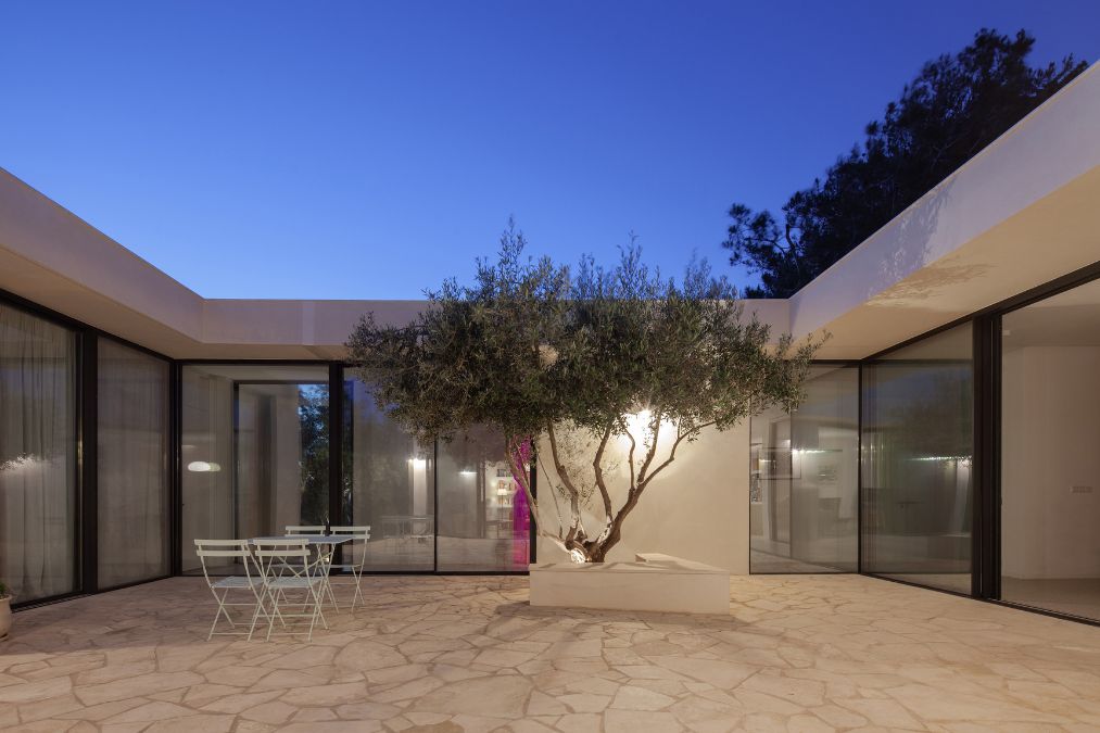 This is an exterior photograph captured during nighttime, displaying a capacious patio with a tree situated at its center.