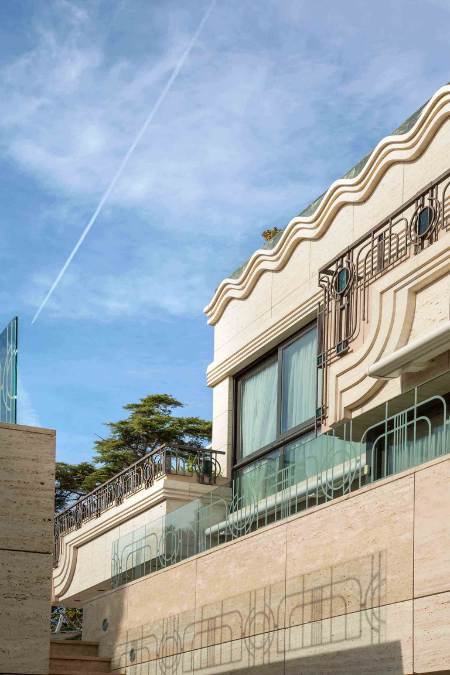 This high angle shot offers a view of the various elements of the stone carvings and wavy patterns that make up the design.