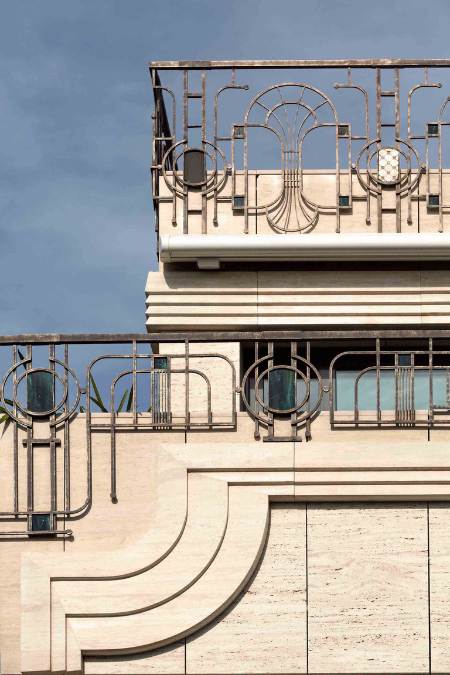 This close-up shot showcases the deck section and its intricate stone carvings that serve as part of the overall design.