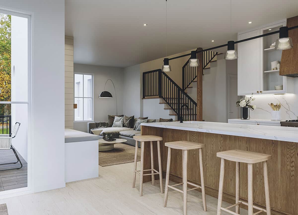 View of the kitchen and living room from the dining area.