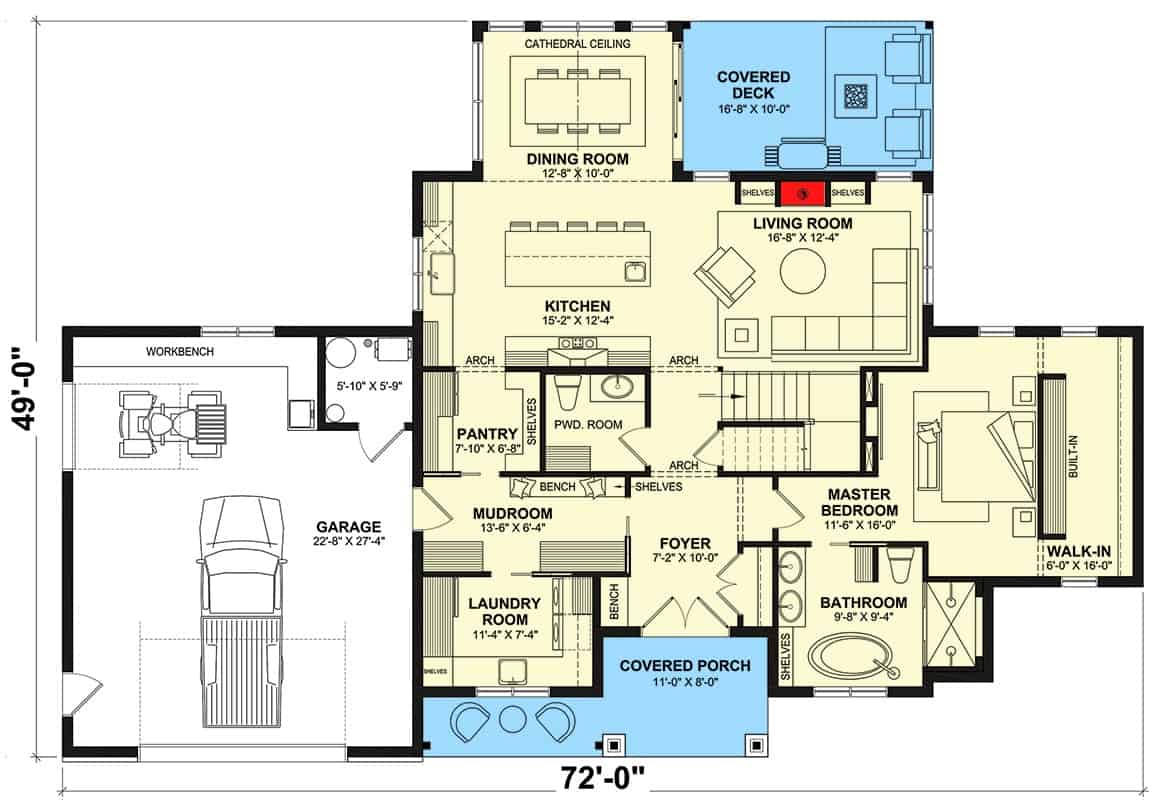 Main level floor plan of a craftsman style two-story 2-bedroom home with a foyer, great room, kitchen, family room, home office, laundry, mudroom leading to the garage, and two bedrooms including the primary suite.