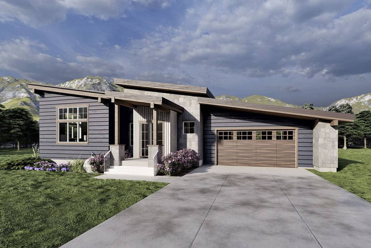 Front rendering with angled rooflines, mixed sidings, a covered entry, and a front-facing garage.