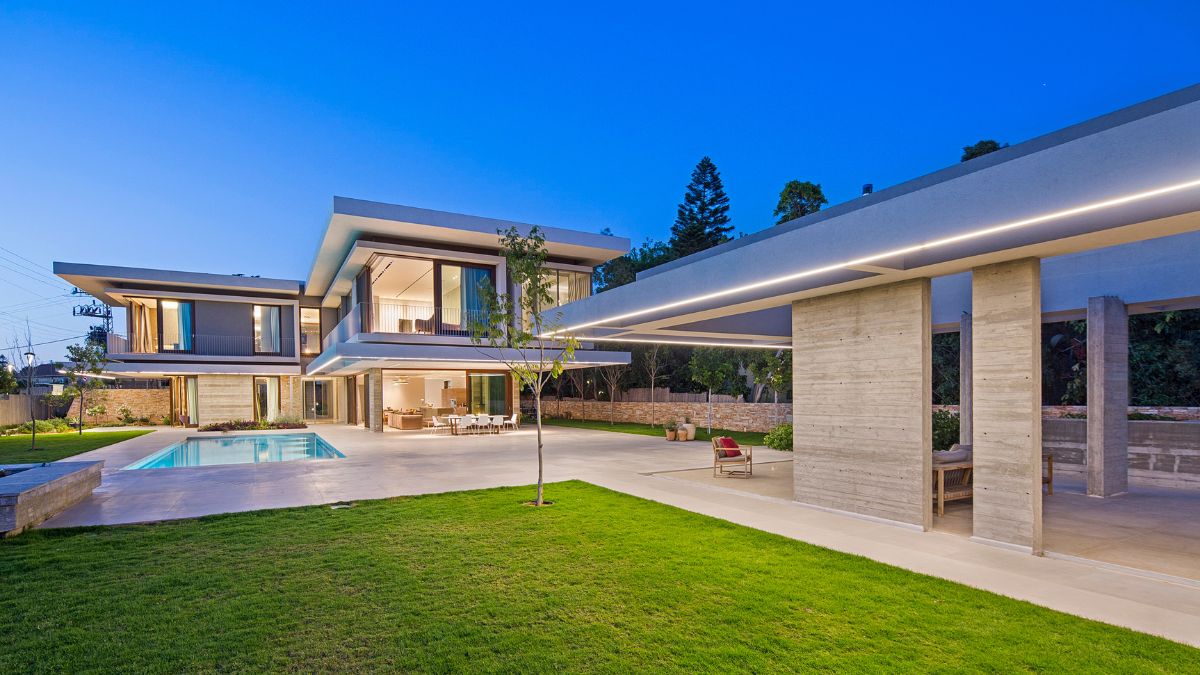 A freestanding gazebo, a pergola over a car port, a cascade down to first floor slab, and other cantilevered beams.