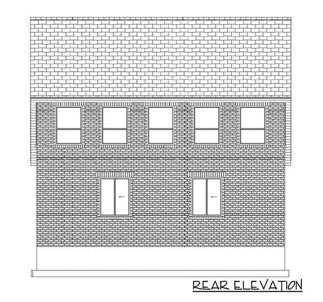 Rear elevation sketch of the traditional 2-bedroom two-story carriage home.