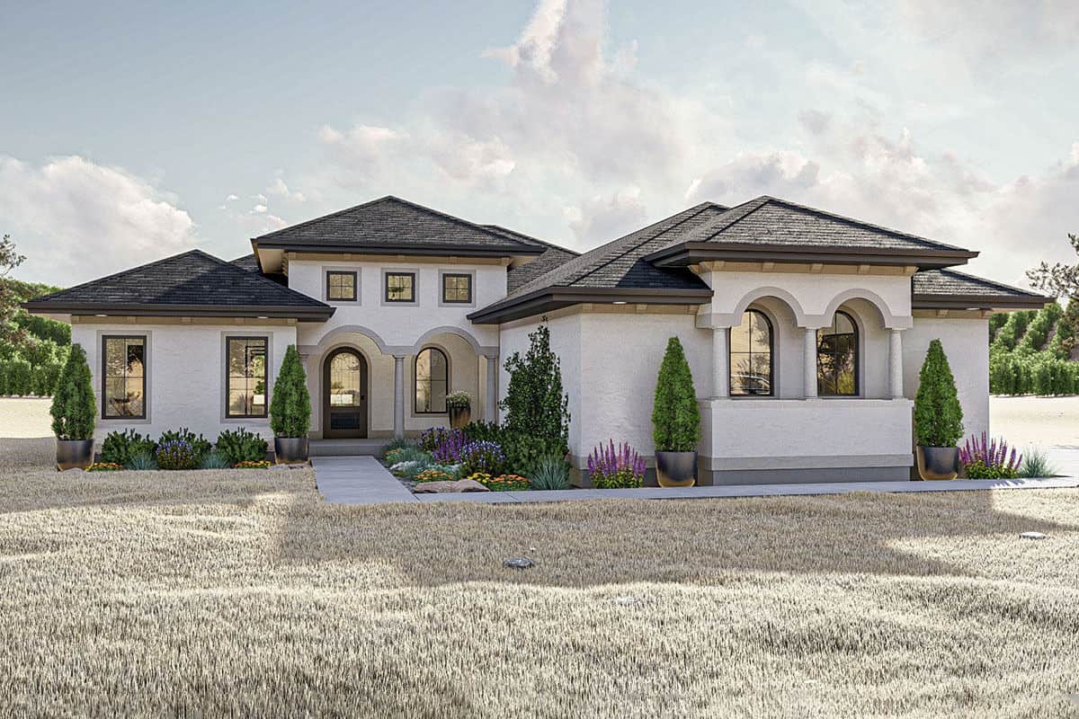 Front rendering with hipped rooflines and decorative archways framing the windows and covered porch.