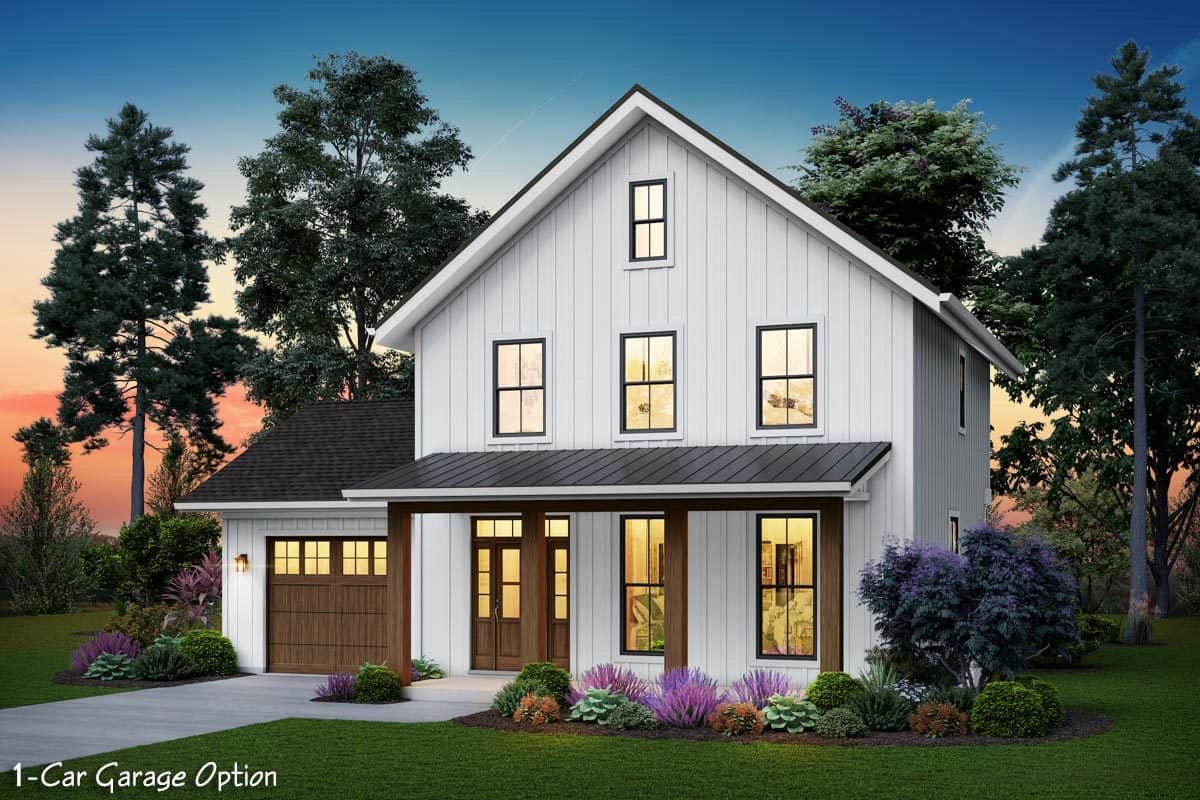 Front rendering with a covered front porch and a single garage option.