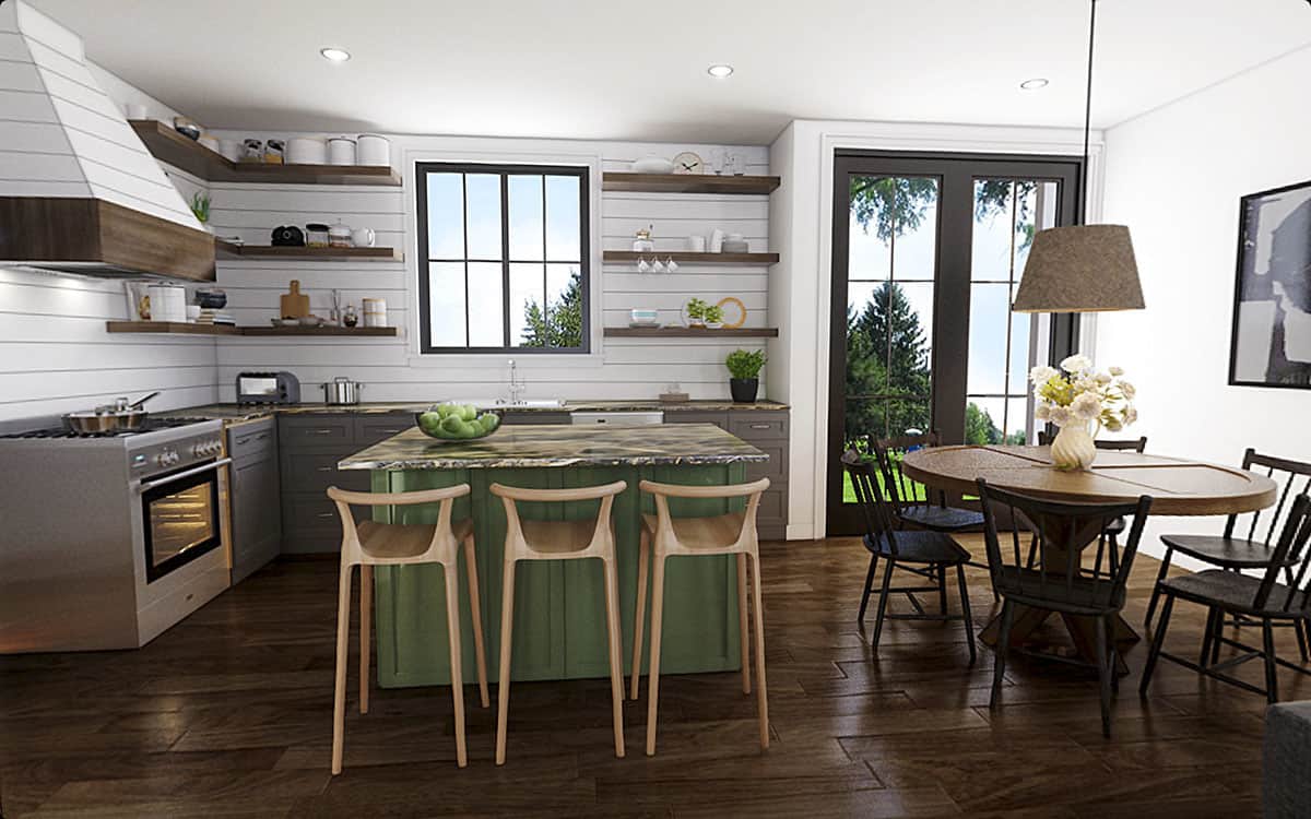 The kitchen offers a breakfast island, gray cabinets, and open shelves fixed against the white shiplap walls.