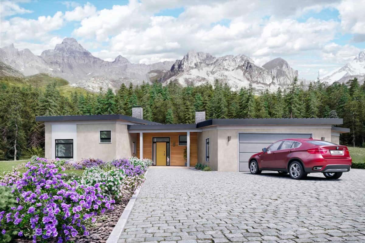 Front rendering with angled roofs, a front-facing garage, and a covered entry porch.