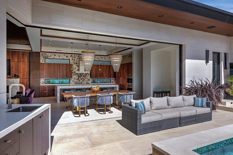 The open living space seamlessly flows into the pool terrace.