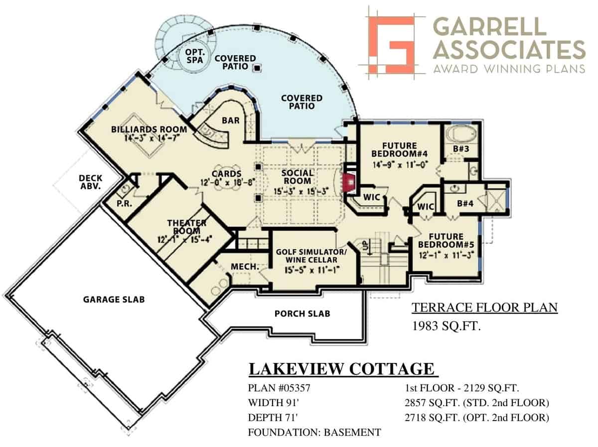 Lower level floor plan with two additional bedrooms, a home theater, billiards room, wine cellar, and social room with patio access.