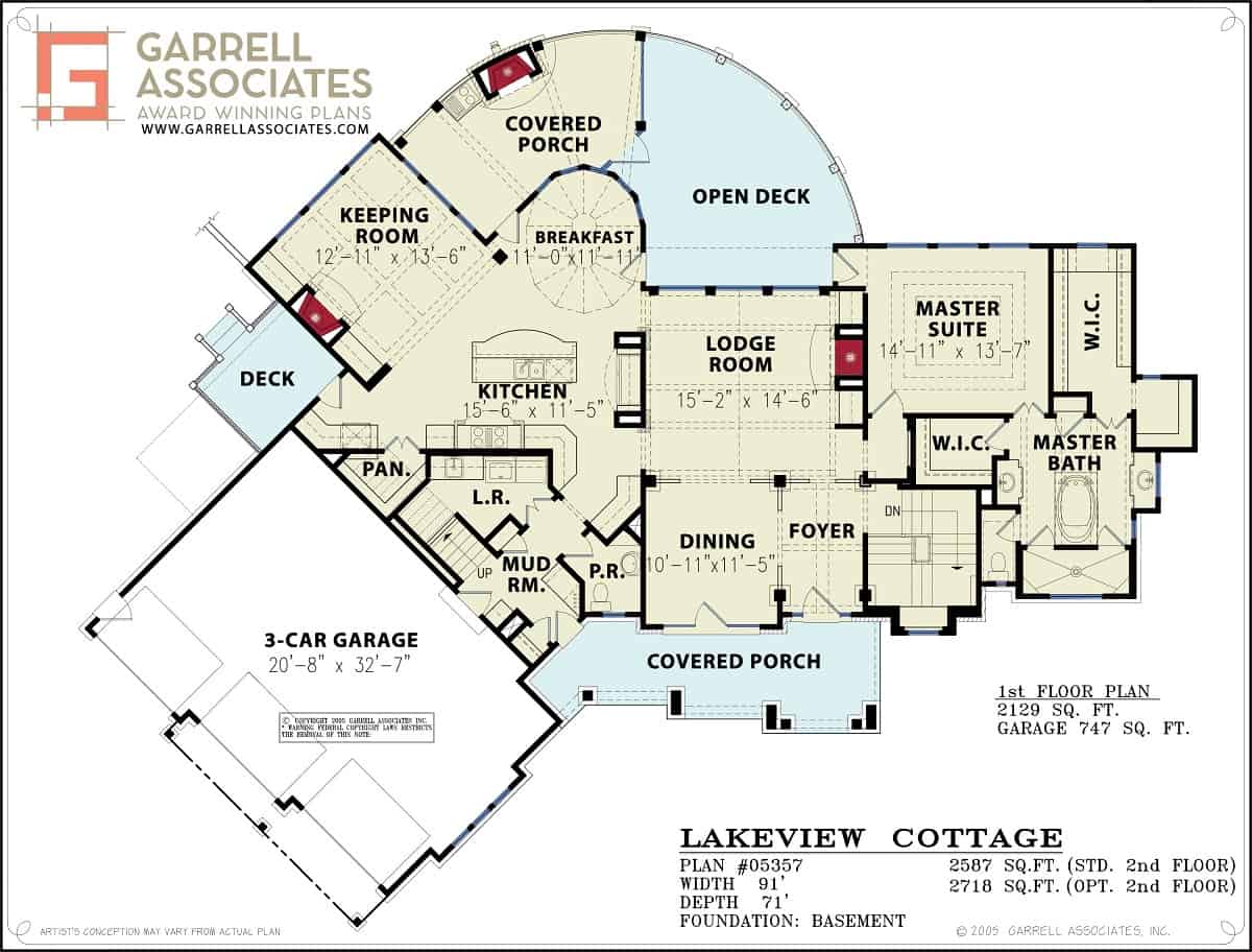 Main level floor plan of a 3-bedroom rustic two-story Lakeview Cottage Hip with foyer, lodge room, dining room, kitchen, breakfast nook, keeping room, primary suite, and mudroom that opens to the angled garage.