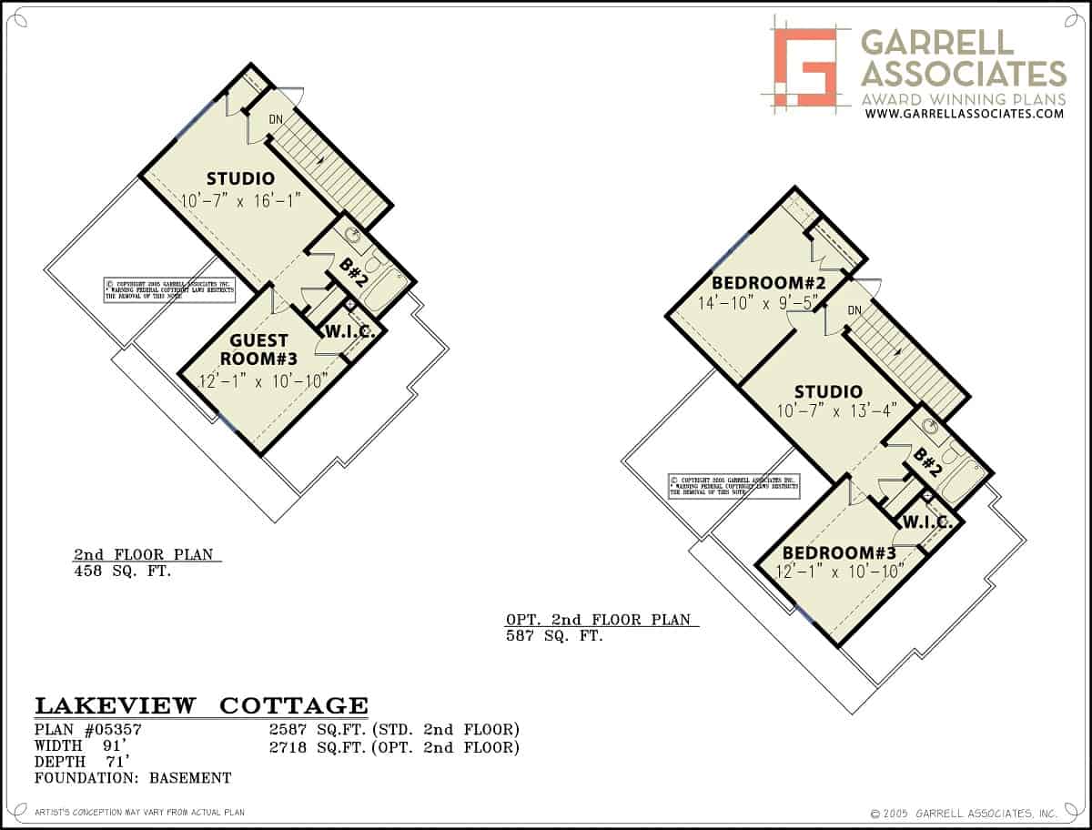 Second level floor plan with two bedrooms, a common bathroom, and a studio.