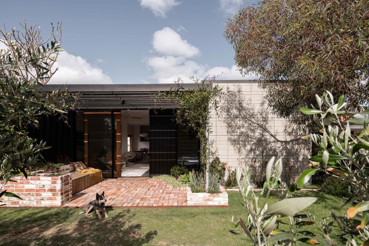 A veggie gardens that has a fire pit, outdoor dining, and brick planters holding a variety of natives that are slowly creeping around the building and making themselves at home.