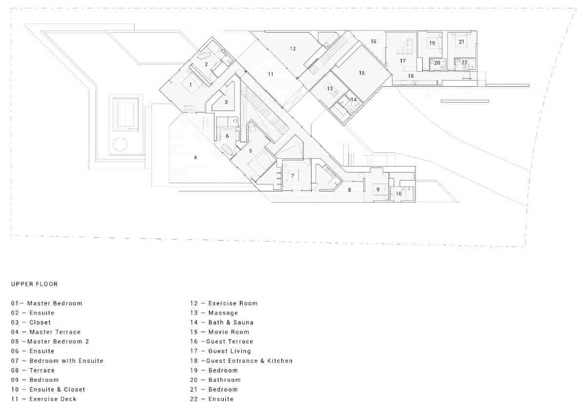 Upper level floor plan of the BlackCliff House.